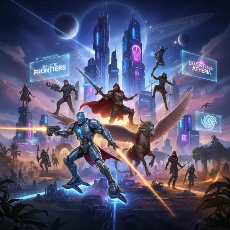 Futuristic video game characters converging, representing anticipated Holiday 2026 releases.