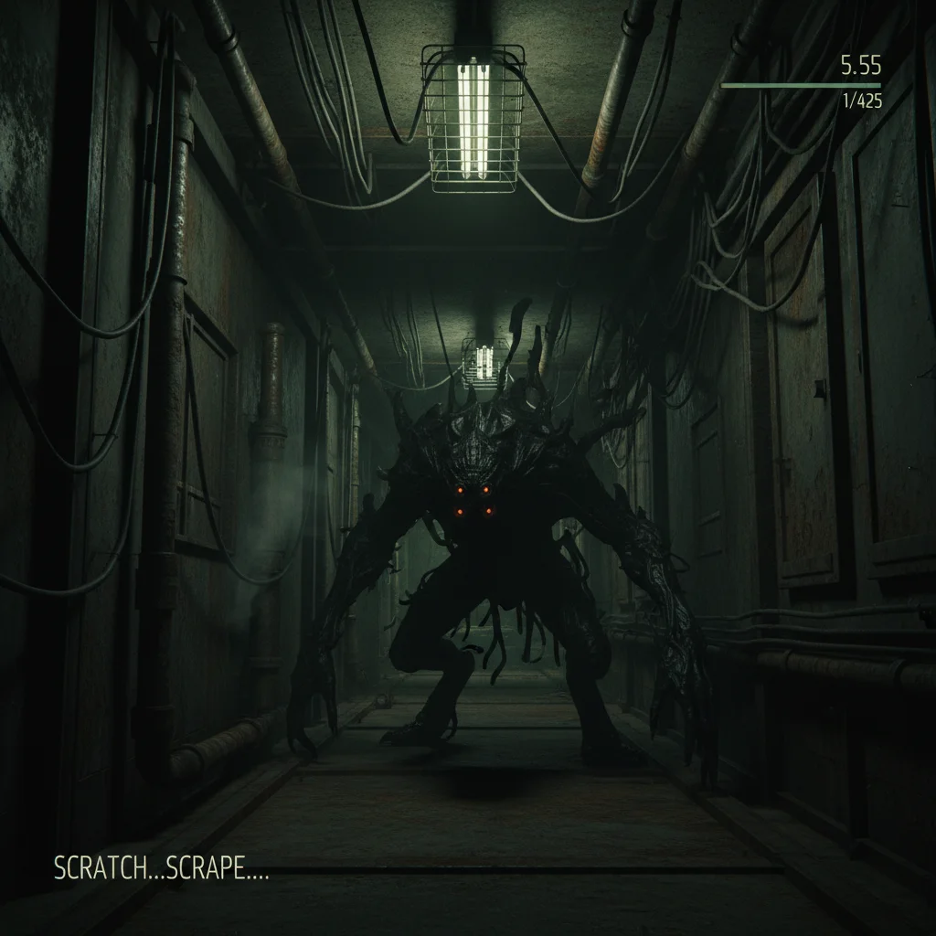 Shadowy creature in a dark industrial hallway from a 2026 indie horror game