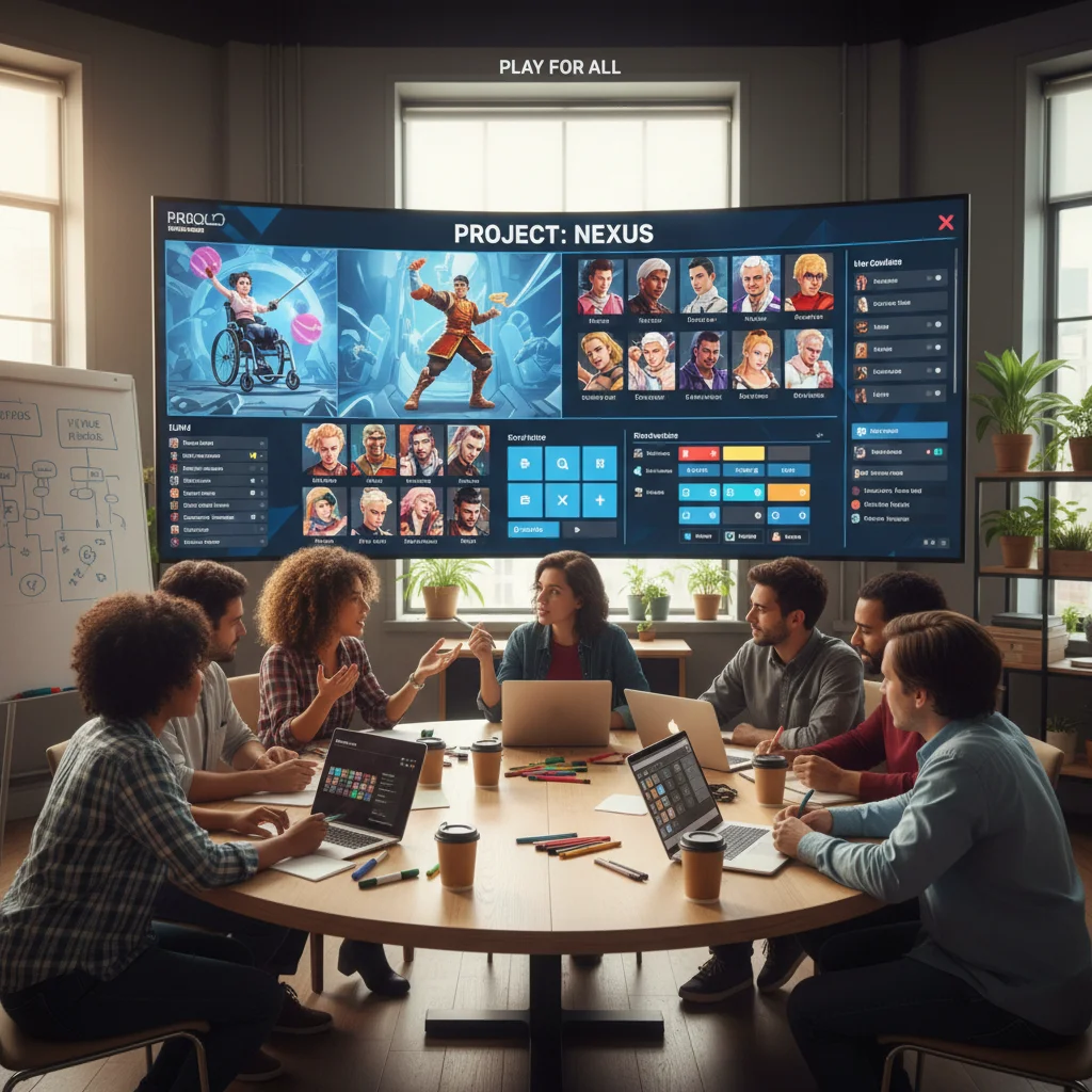 Diverse game development team designing inclusive games for a broad audience.