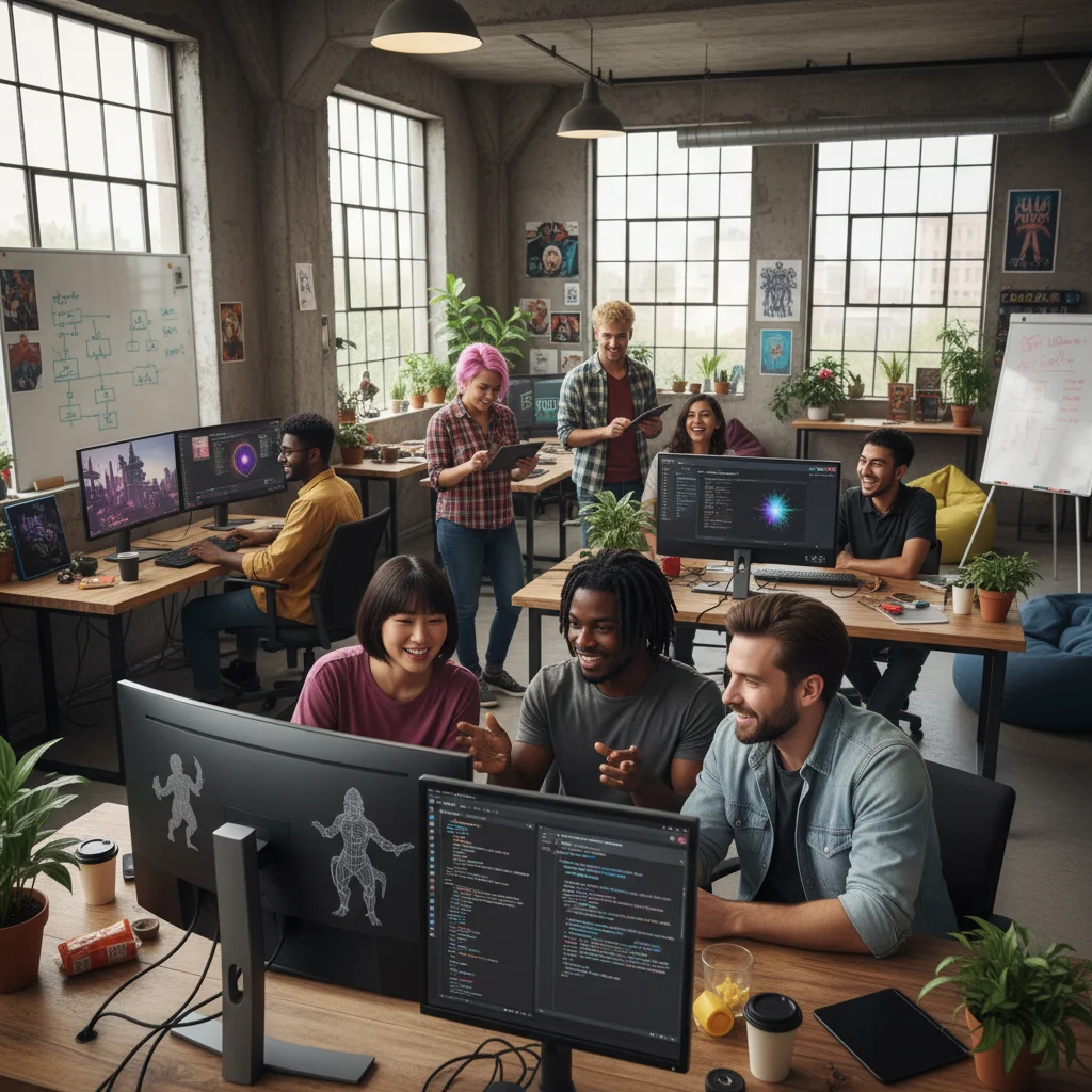 Indie game developers collaborating in a studio, showcasing teamwork and creative process.