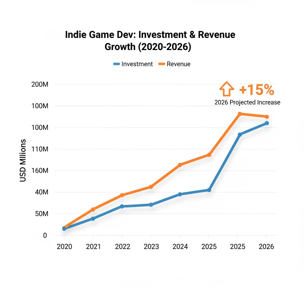 Graph illustrating the 15% growth in US indie game development between 2020 and 2026.