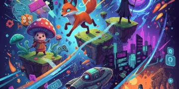 Stylised collage representing the diverse and innovative world of indie games in 2026, featuring various characters and landscapes.