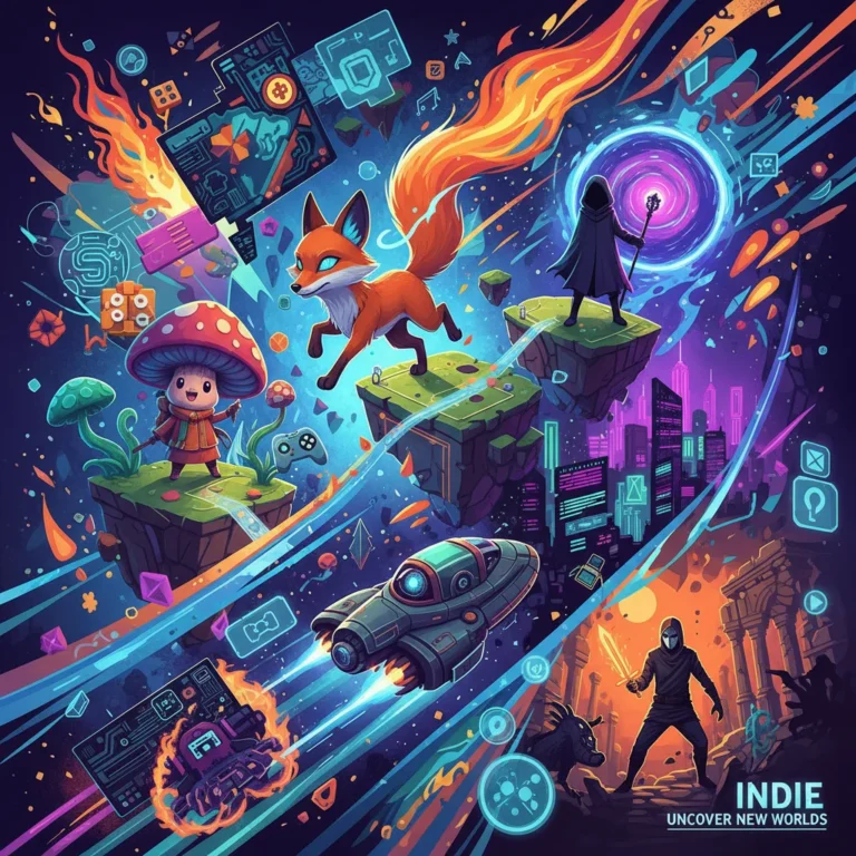Stylised collage representing the diverse and innovative world of indie games in 2026, featuring various characters and landscapes.