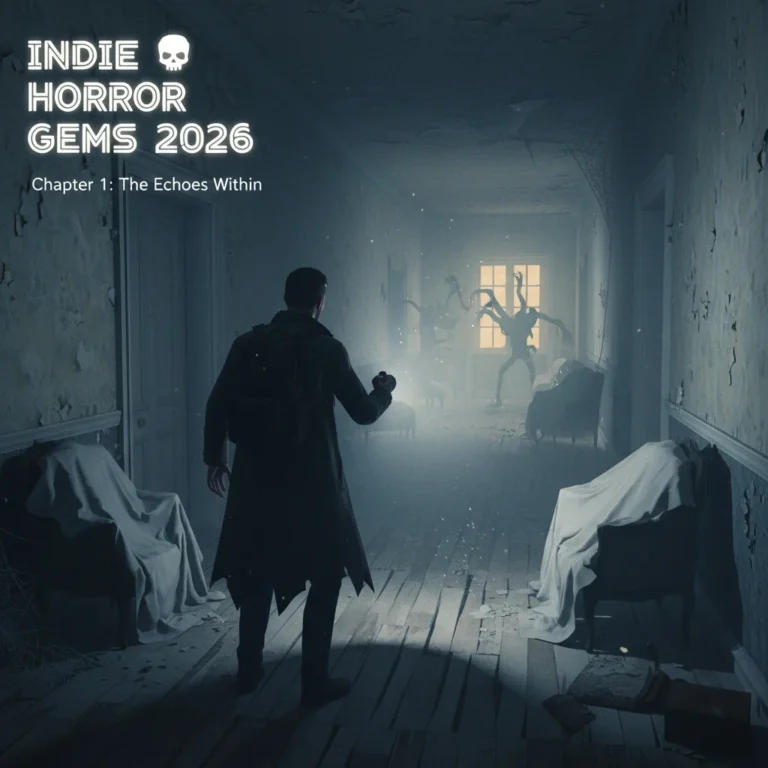 Protagonist with flashlight in a spooky mansion, representing indie horror gems 2026