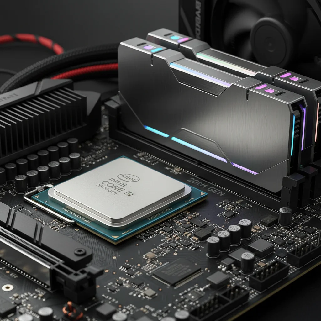 Close-up of a high-performance CPU (Central Processing Unit) on a motherboard.