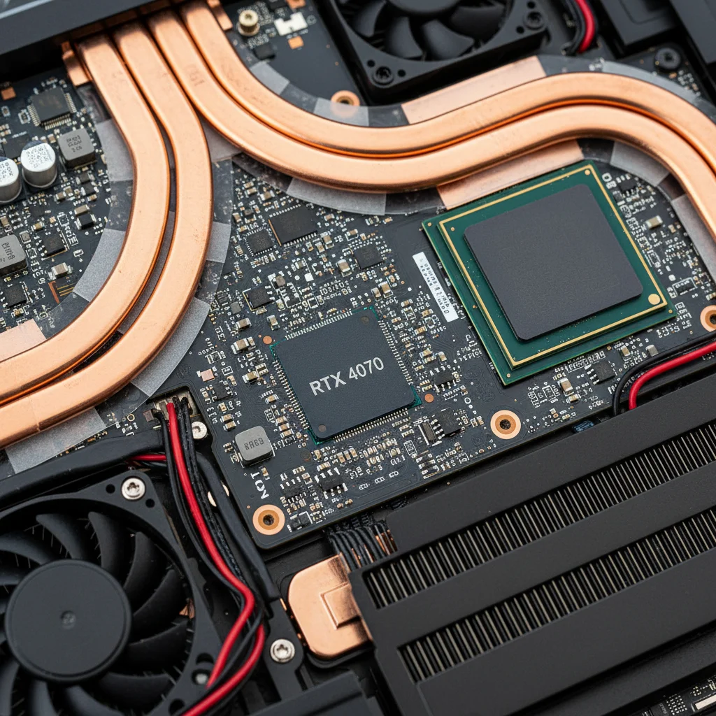 Internal components of a gaming laptop, CPU and RTX 4070 GPU