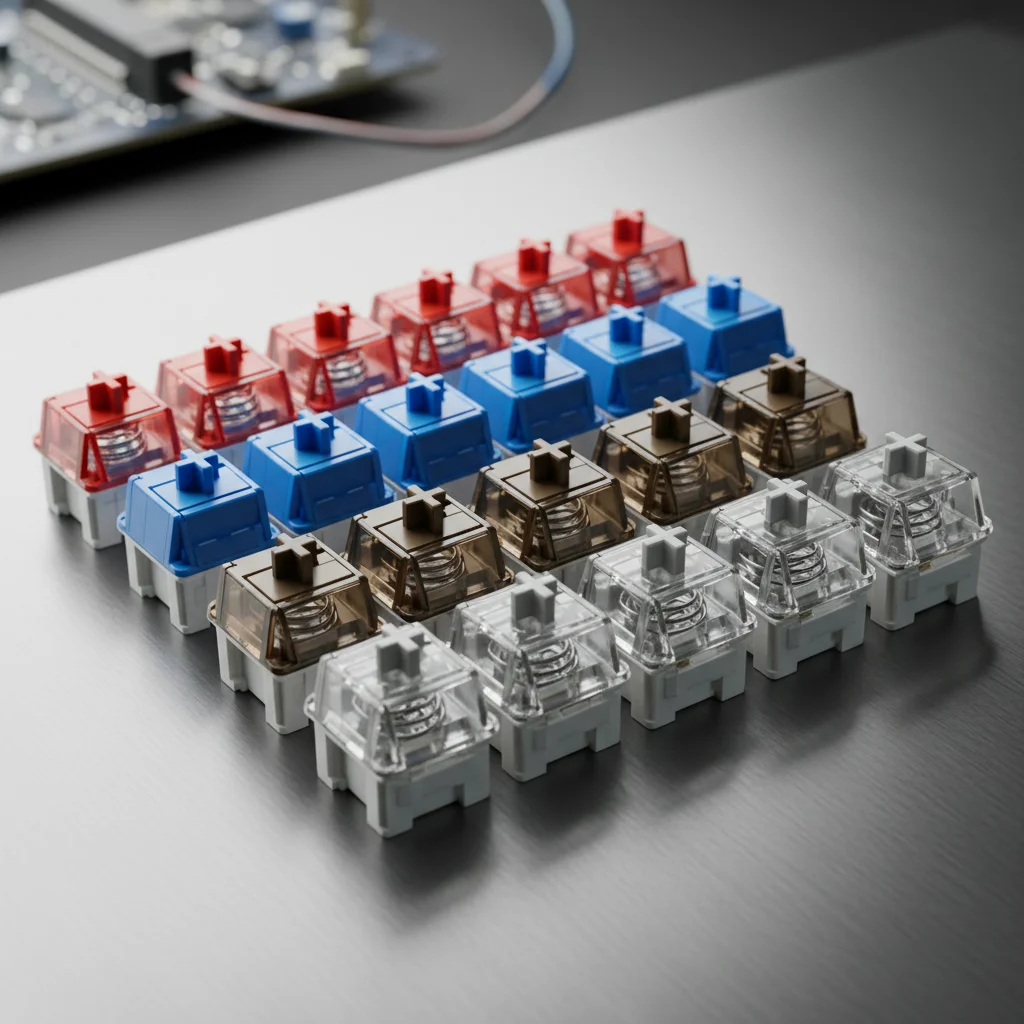 Assortment of mechanical keyboard switches, including linear, tactile, and clicky types.