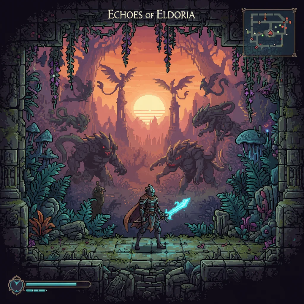 Screenshot of a stunning 2D metroidvania game with a hero on ancient ruins, surrounded by intricate foliage and mythical creatures.