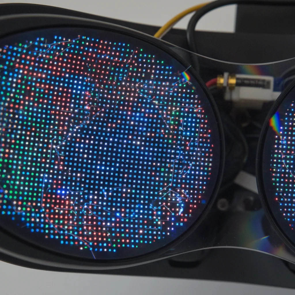 Close-up of VR headset lens, demonstrating micro-LED display technology and enhanced visual fidelity.