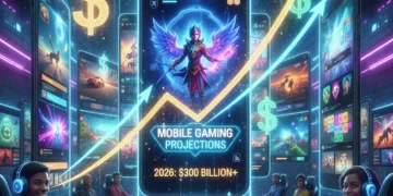 Futuristic mobile gaming interface with growth charts and dollar signs, symbolising the projected $150 billion mobile gaming revenue by 2026.