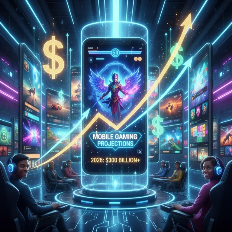 Futuristic mobile gaming interface with growth charts and dollar signs, symbolising the projected $150 billion mobile gaming revenue by 2026.