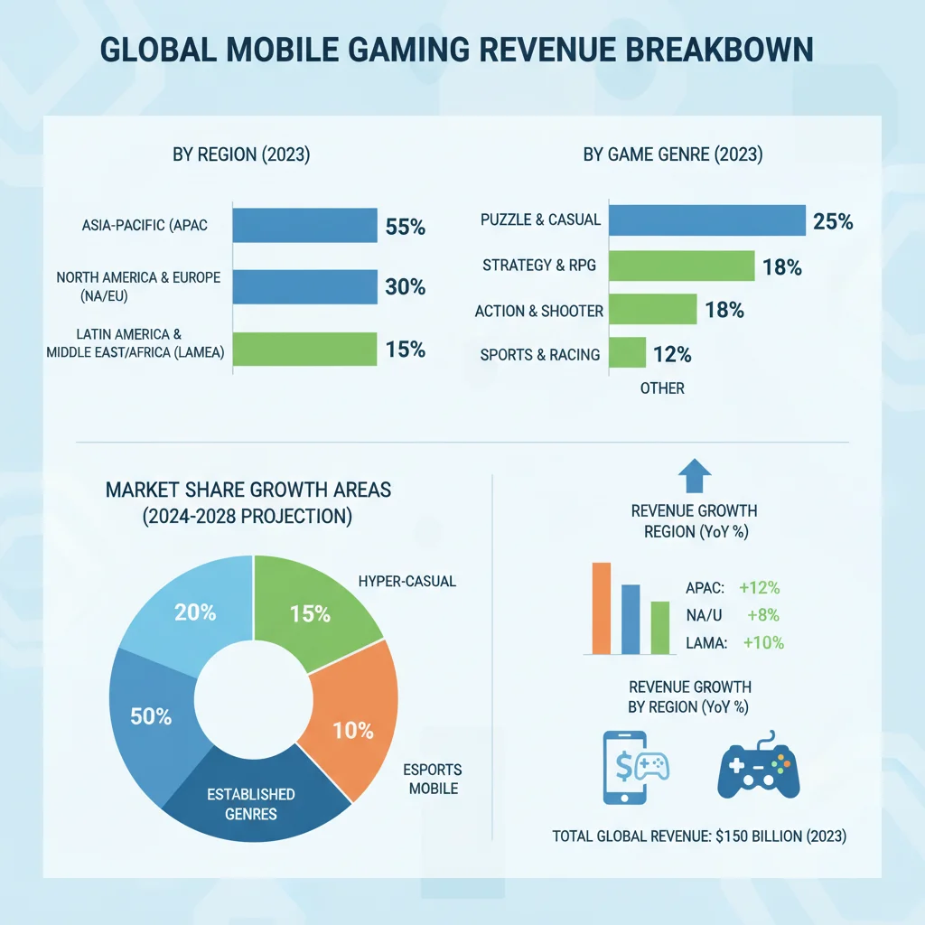 Infographic displaying regional and genre-based breakdown of mobile gaming revenue, highlighting key growth areas and market share.