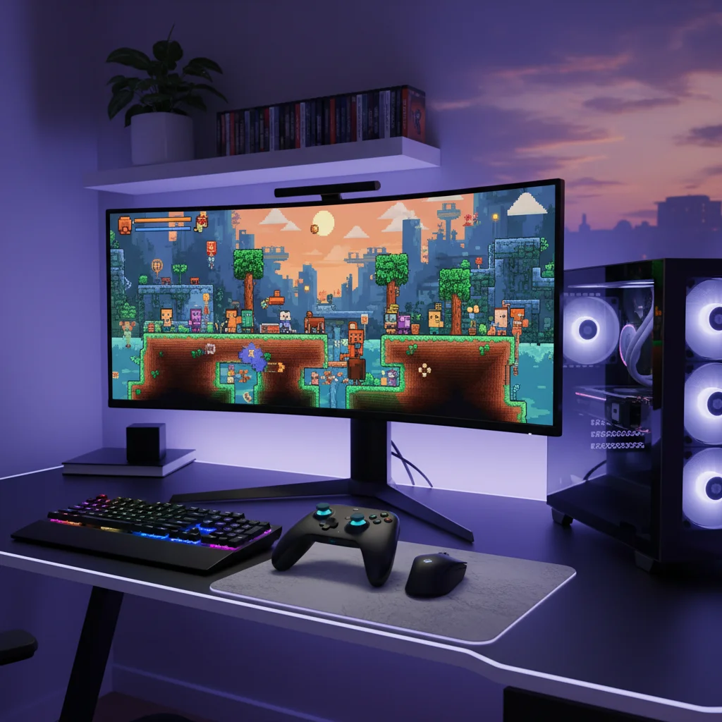 Modern gaming setup showcasing a pixel-art game from the 2010s on an HD monitor.
