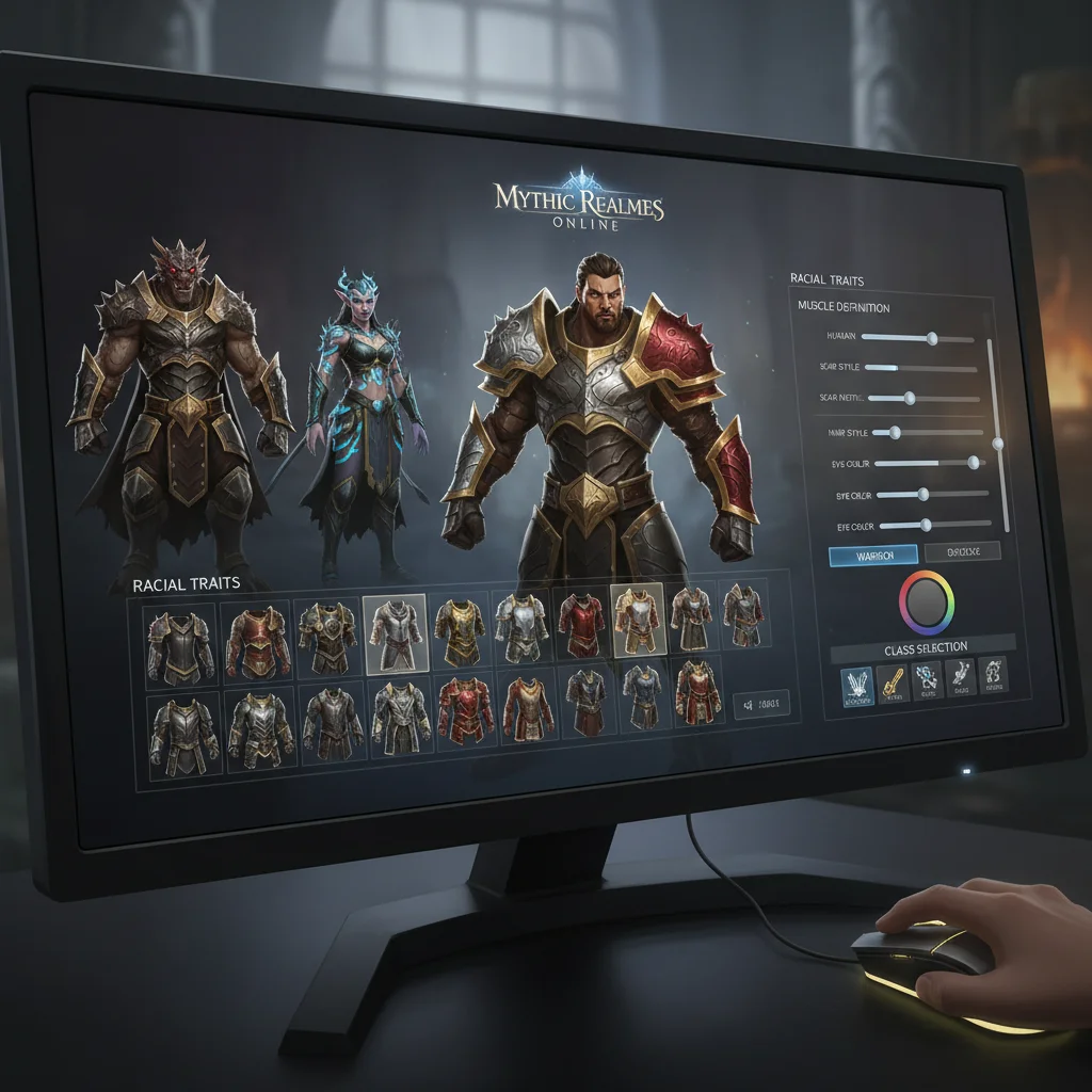 Detailed character customisation screen in Mythic Realms Online, showing various options.
