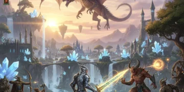 Epic fantasy landscape from Mythic Realms, with dragon and detailed player characters, MMO review.