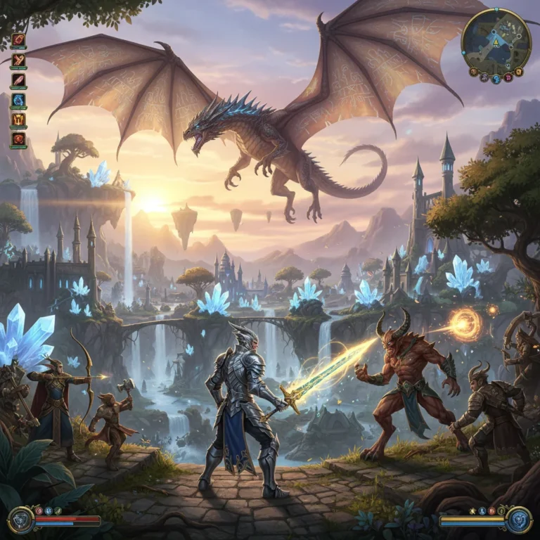 Epic fantasy landscape from Mythic Realms, with dragon and detailed player characters, MMO review.