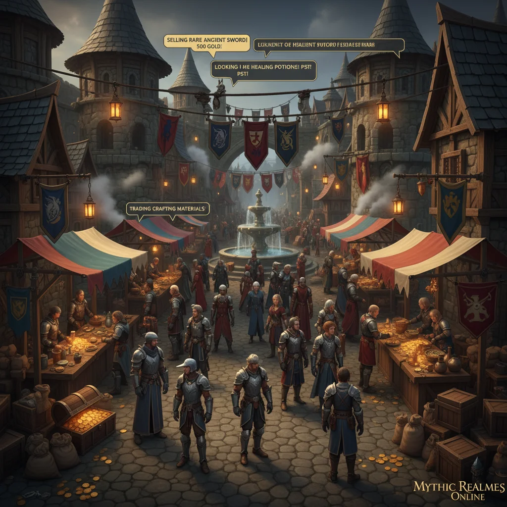 Vibrant in-game marketplace within Mythic Realms Online, bustling with player activity and trade.