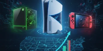 Next-gen gaming consoles representing PlayStation, Xbox, and Nintendo on a sales chart background, illustrating Q1 2026 US market performance.