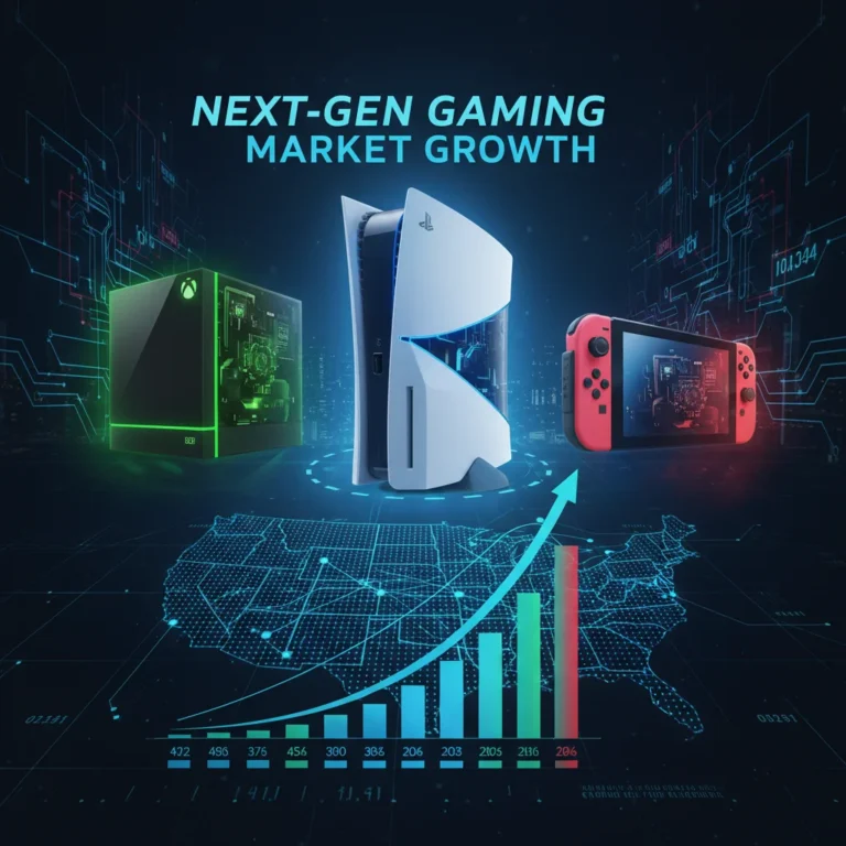Next-gen gaming consoles representing PlayStation, Xbox, and Nintendo on a sales chart background, illustrating Q1 2026 US market performance.
