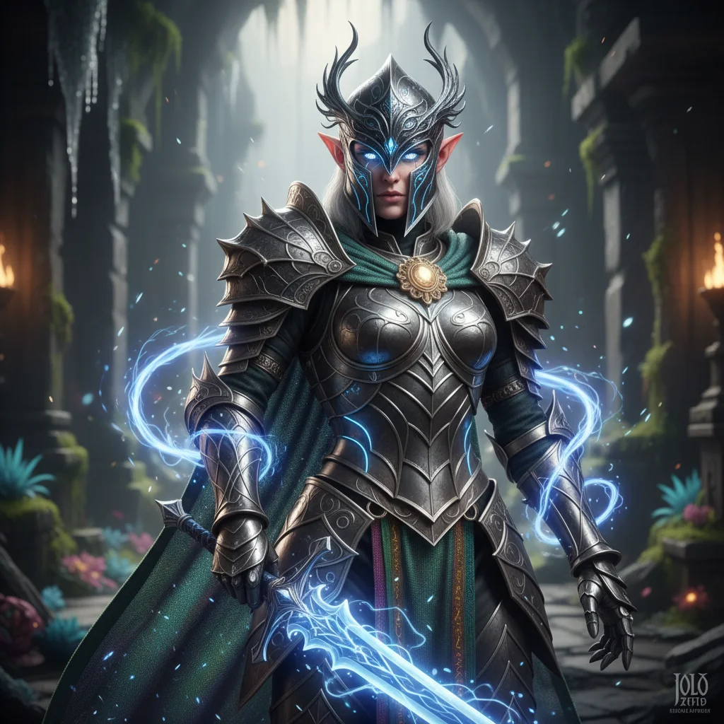 Detailed fantasy RPG character model with magical effects, showcasing next-gen graphics.
