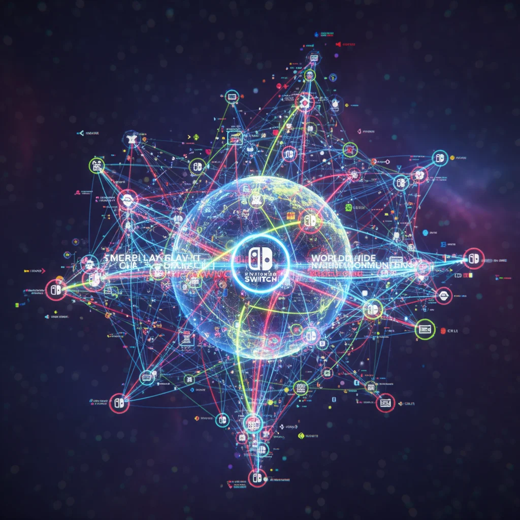 Abstract network of glowing lines and nodes, representing global connectivity and community within Nintendo's online gaming ecosystem.