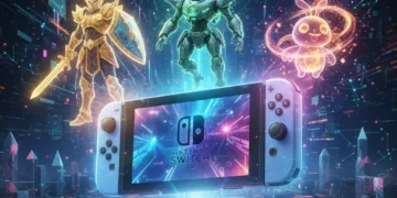 Nintendo Switch console prominently displayed, surrounded by three distinct holographic game characters, indicating new exclusive titles and a future-forward gaming strategy.