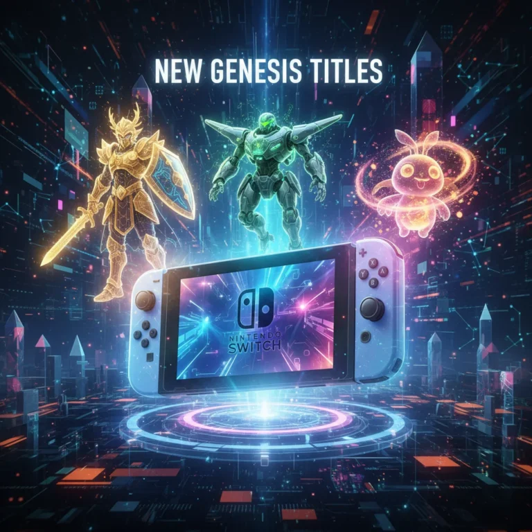 Nintendo Switch console prominently displayed, surrounded by three distinct holographic game characters, indicating new exclusive titles and a future-forward gaming strategy.