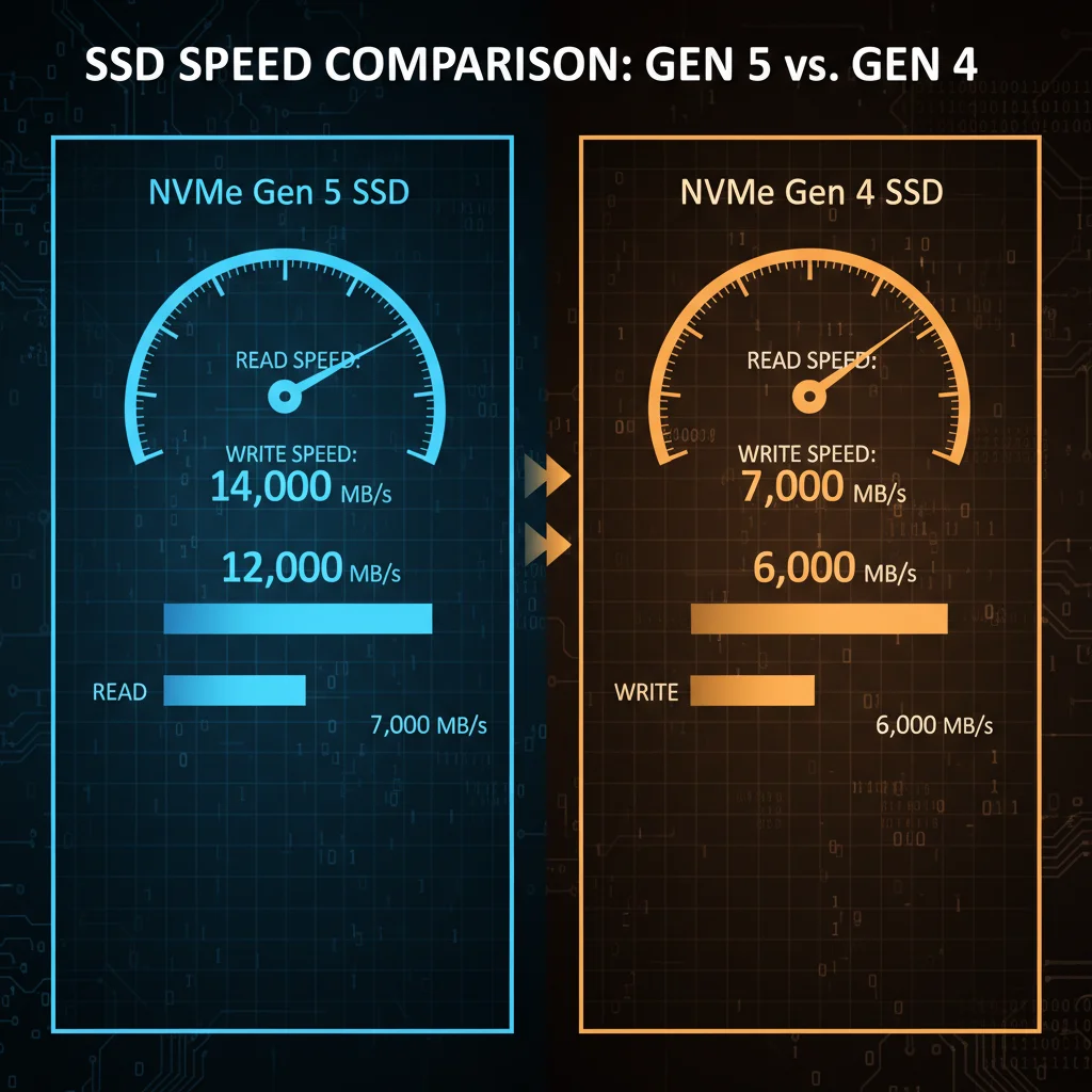 Infographic comparing NVMe Gen 5 and Gen 4 SSD read/write speeds, illustrating performance differences with numerical data and visual aids.