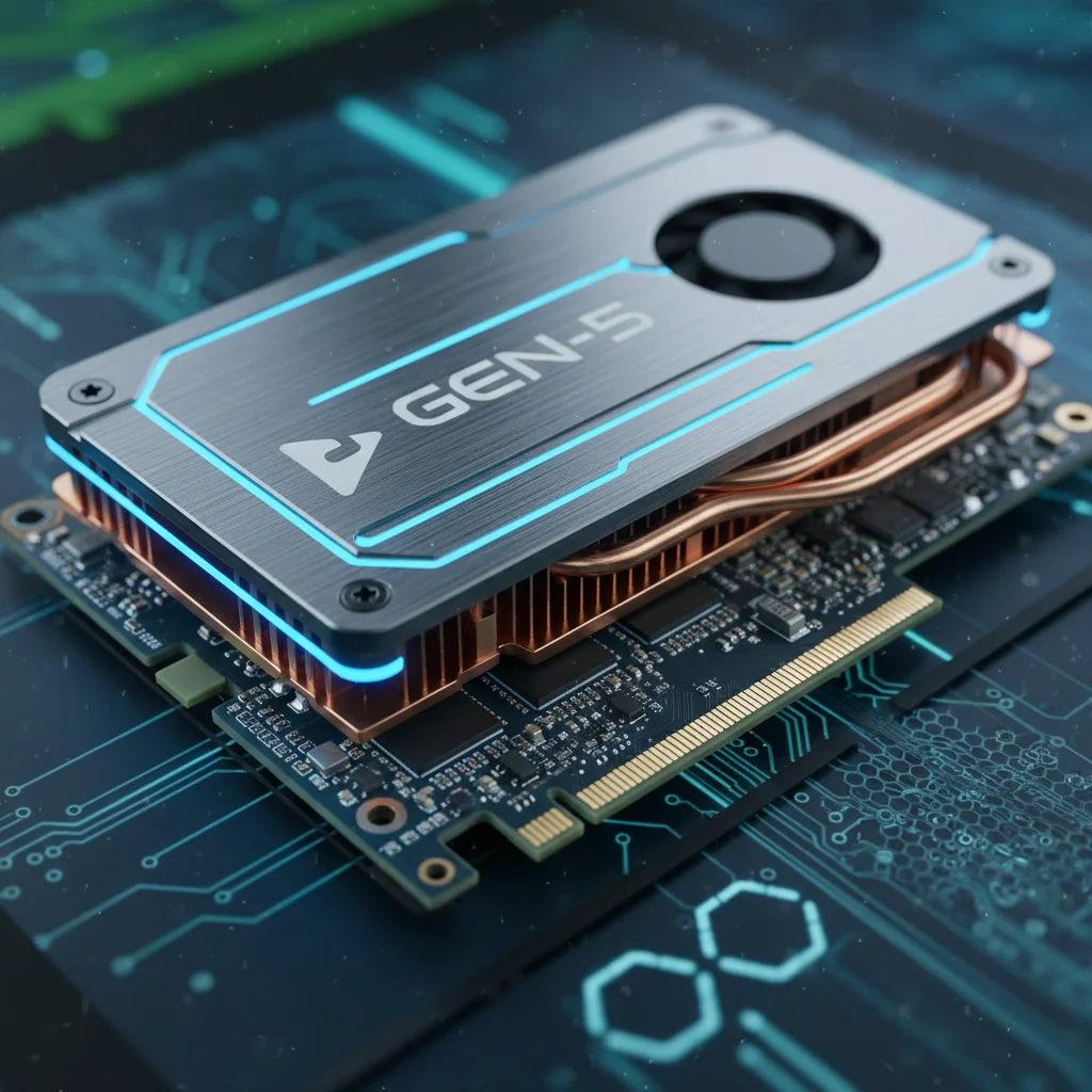 Close-up of an NVMe Gen 5 SSD with heatsink, showcasing its advanced engineering and M.2 form factor.