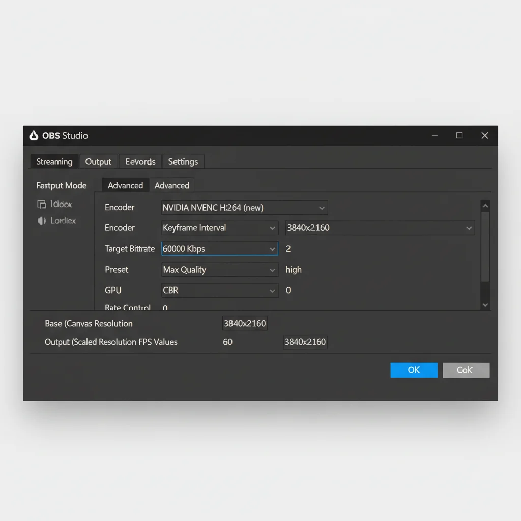 OBS Studio output settings configured for optimal 4K 60fps streaming quality, showing encoder and bitrate options.