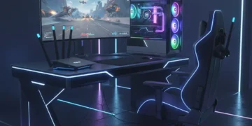 Futuristic gaming setup with low latency display and advanced router, symbolising optimised home network for gaming