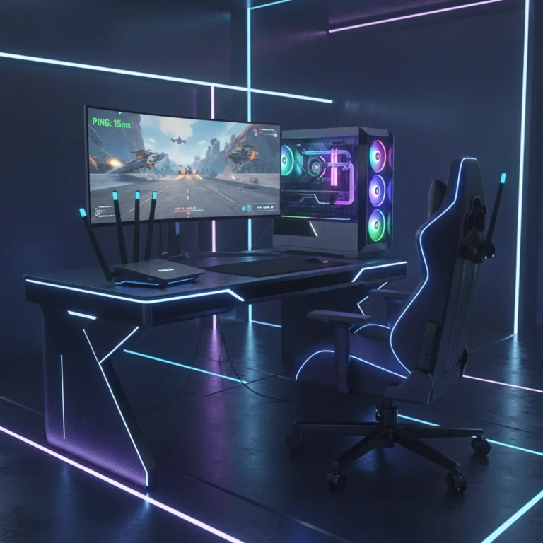 Futuristic gaming setup with low latency display and advanced router, symbolising optimised home network for gaming
