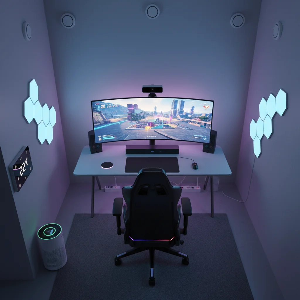 Overhead view of an optimised smart gaming room with environmental controls.