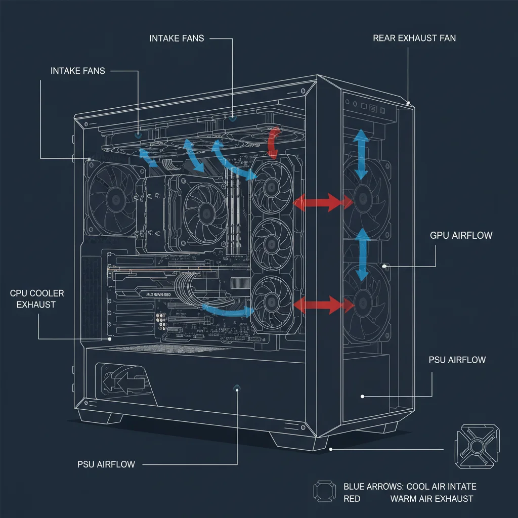 Diagram of optimized gaming PC airflow pathways
