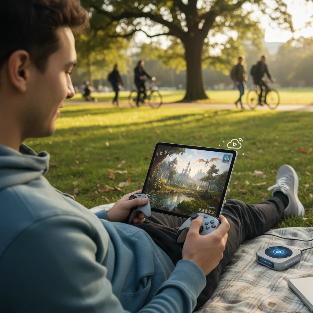 Gamer playing high-fidelity cloud game on a tablet outdoors