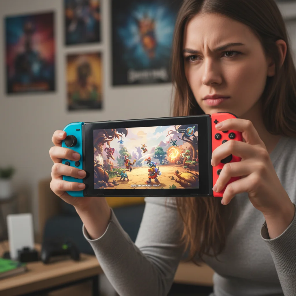 Player's hands holding a Nintendo Switch, deeply immersed in an exclusive game, demonstrating engaging handheld gameplay experience.