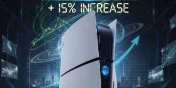 Futuristic PlayStation 6 console concept art with glowing elements and digital sales graphs showing significant growth.