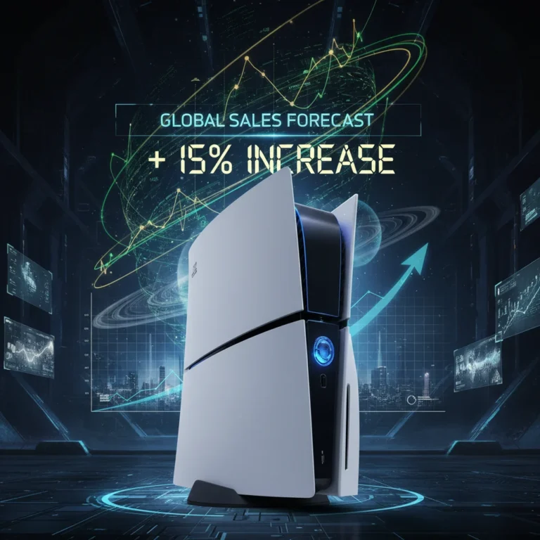 Futuristic PlayStation 6 console concept art with glowing elements and digital sales graphs showing significant growth.