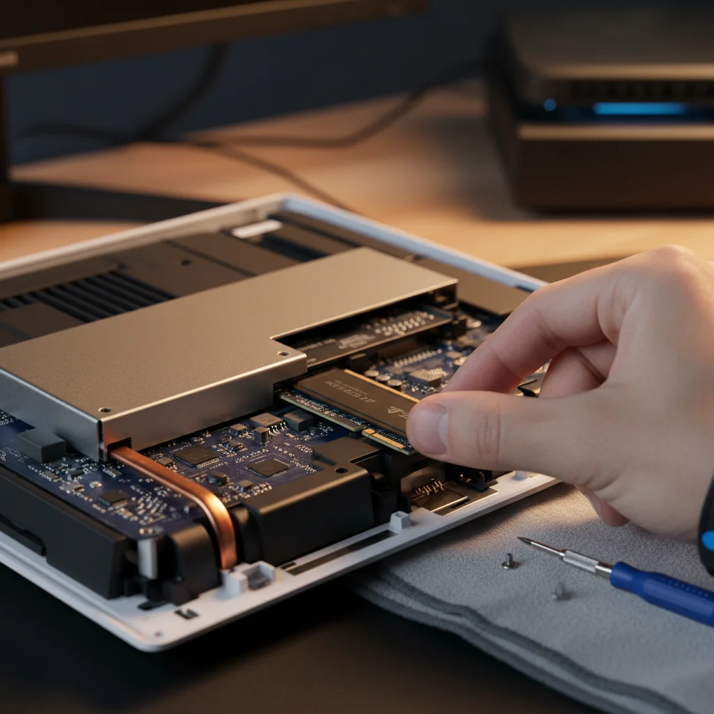 Installing an NVMe SSD into a PlayStation 5's internal expansion slot for increased storage.