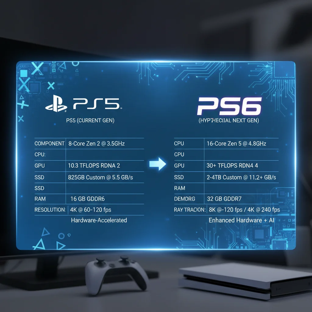 Infographic comparing PlayStation 5 and hypothetical PlayStation 6 technical specifications and performance metrics.