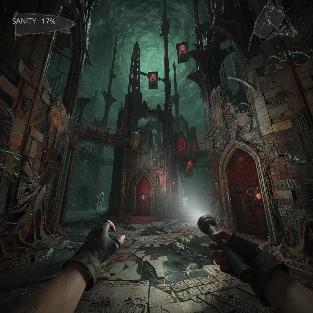 Player navigating a surreal, distorted psychological horror game environment