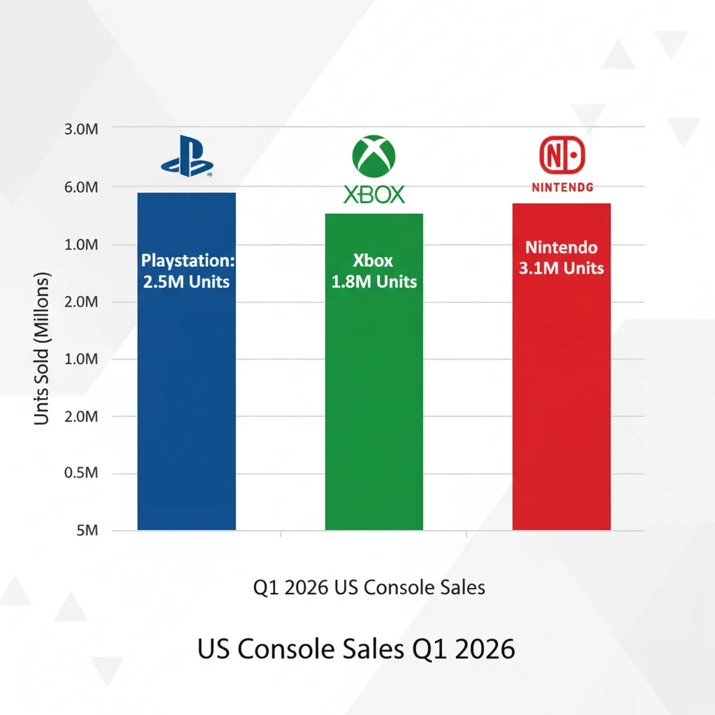 Bar chart illustrating US Q1 2026 sales figures for PlayStation, Xbox, and Nintendo next-gen consoles.
