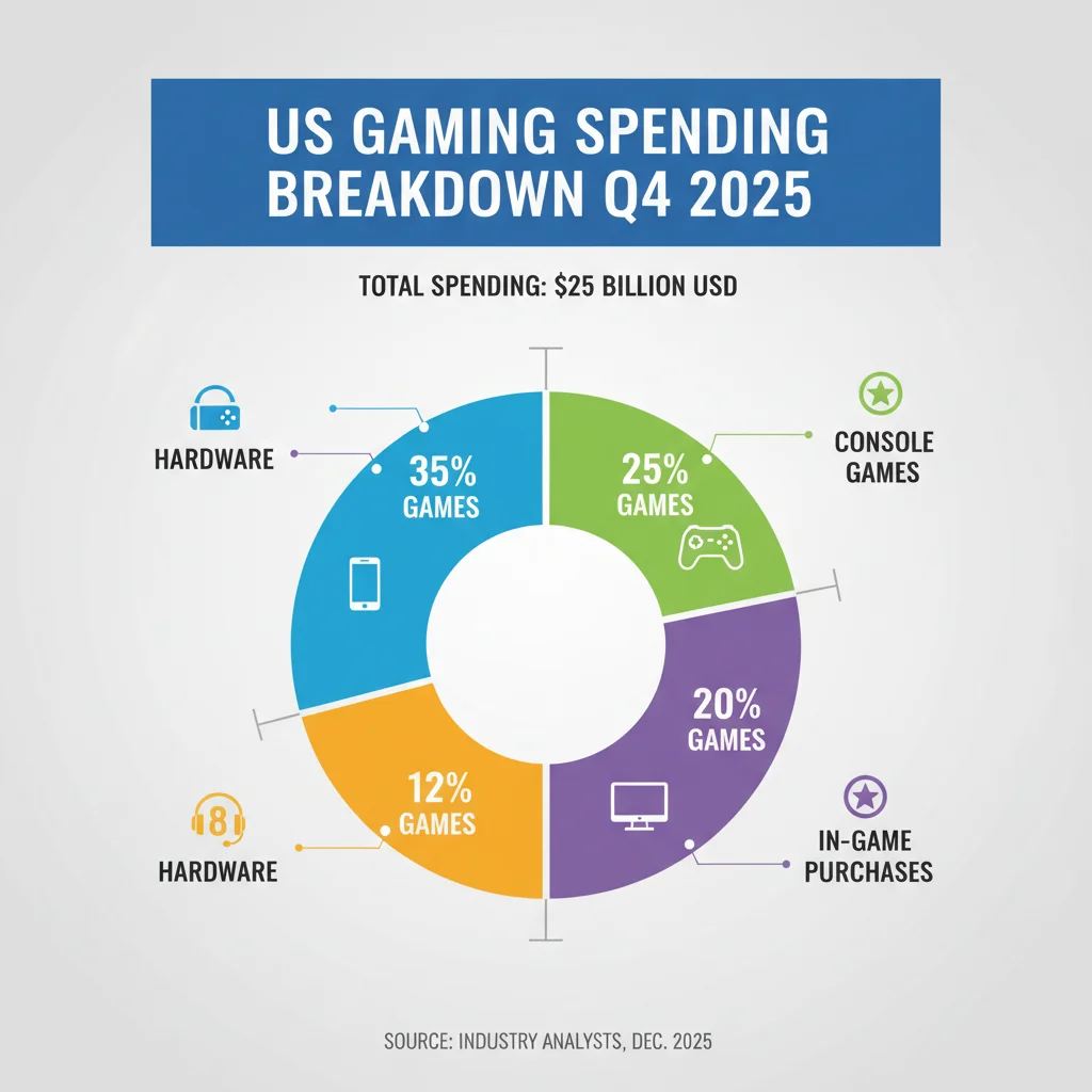 Detailed infographic illustrating US gaming spending distribution across various categories in Q4 2025.