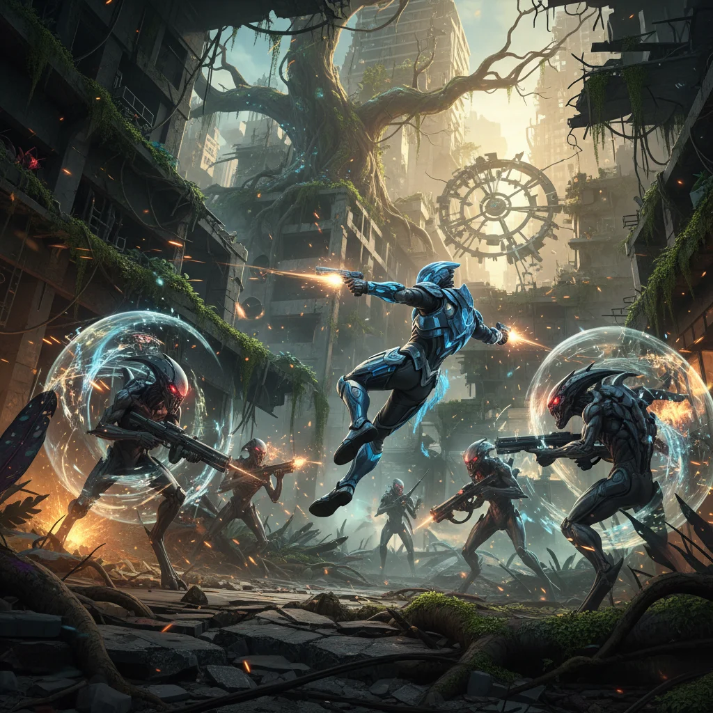 Quantum Paradox combat scene with time distortion effects and futuristic enemies.