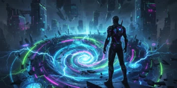 Quantum Paradox game cover art featuring a time-traveling hero amidst a temporal anomaly.