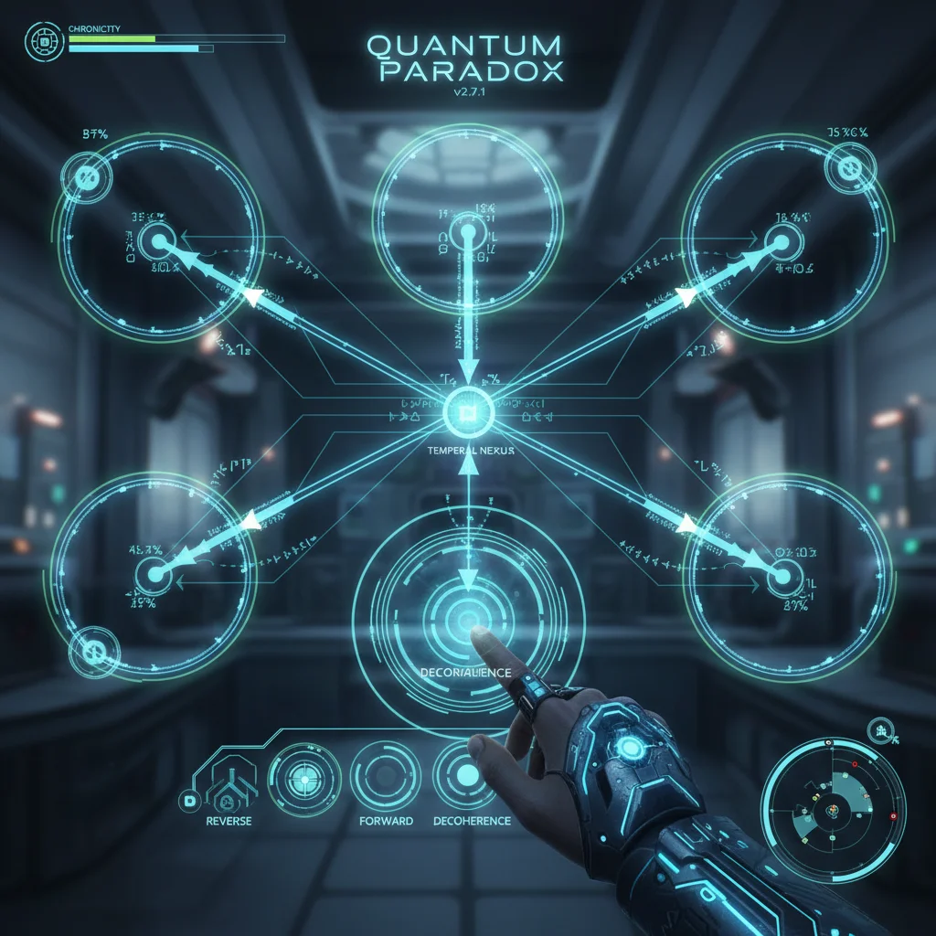 In-game screenshot of a complex time-bending puzzle from Quantum Paradox.