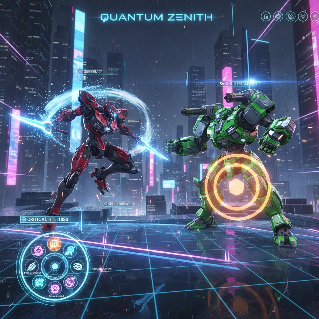 Futuristic mechs battling in a neon-lit cityscape, an action-packed screenshot from the strategic indie game Quantum Zenith.