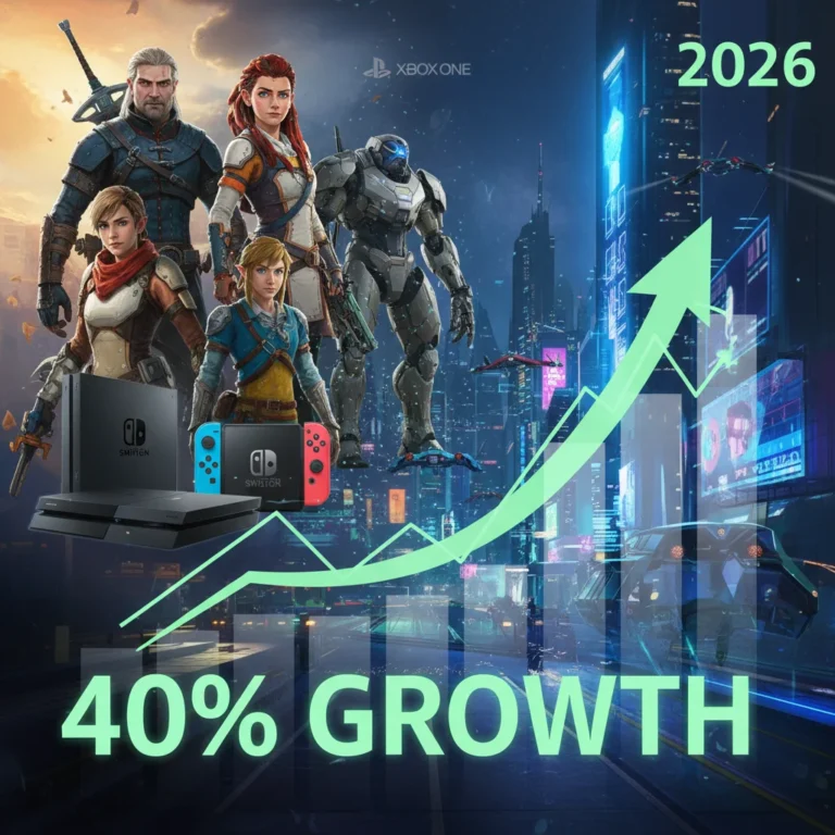 Vibrant collage of 2010s retro game characters and consoles, depicting a 40% player resurgence in 2026.
