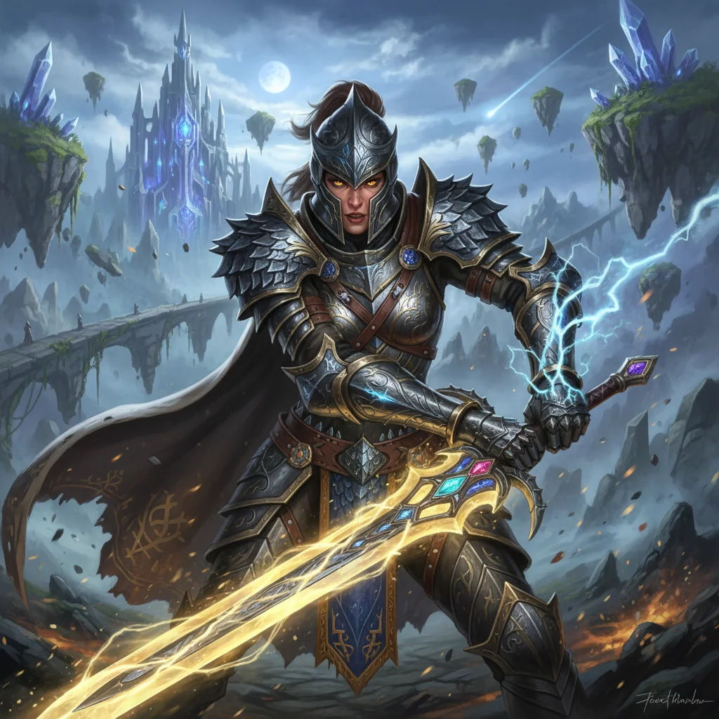 Intricate character design from an upcoming RPG with magical effects and fantasy background.