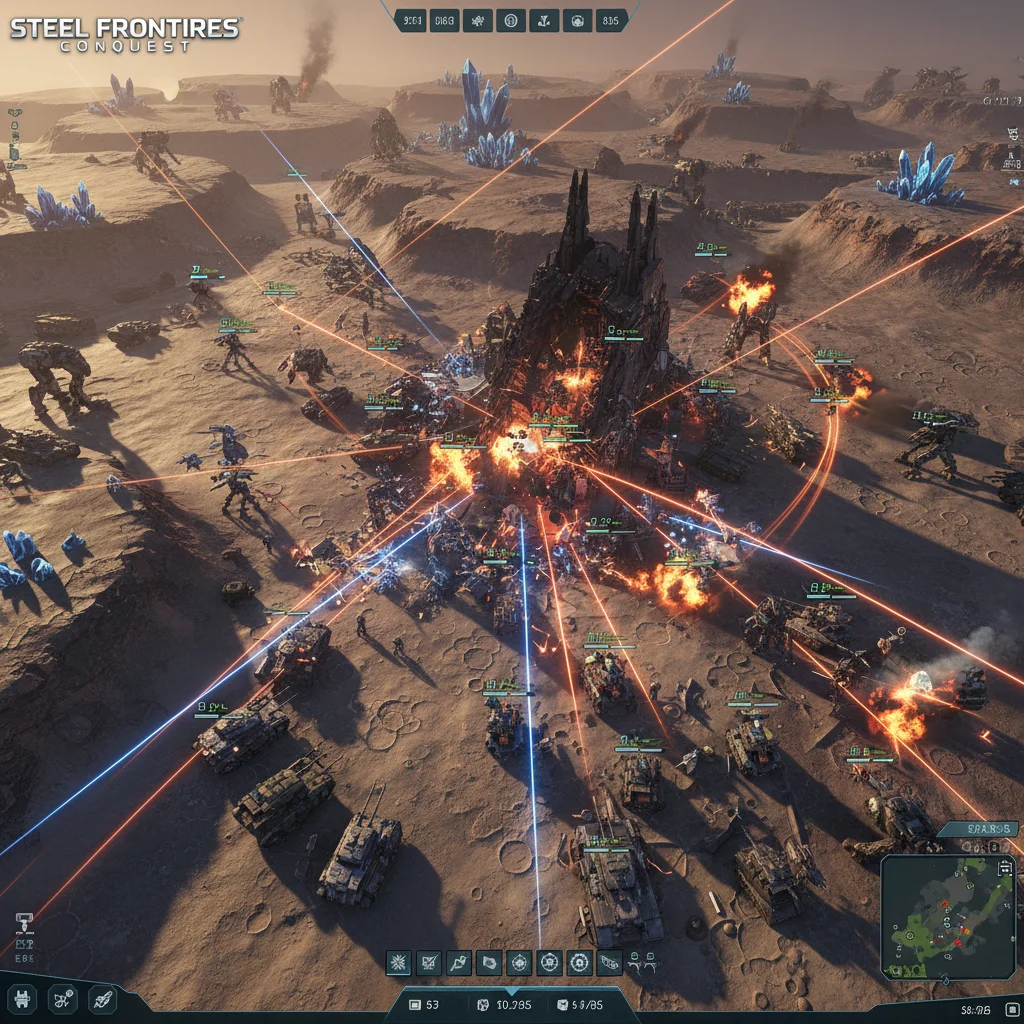 Epic battle scene from a real-time strategy game with numerous units and special effects.